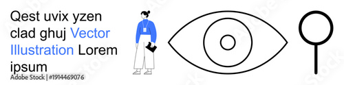 Observation, analysis, research, data review, inspection, conceptual design. Person holding clipboard next to magnifying glass and eye symbol. Observation and analysis themed concept