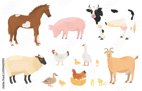 Collection cute vector hand drawn farm animals icon. Cartoon horse, pig, cow, sheep, goat, hen, chicken, goose, chicks, gosling, duck and duckling character illustration isolated on white background.