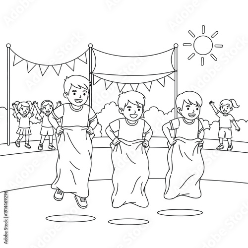 Three boys happily competing in a sack race at an outdoor children's festival, with other kids cheering in the background, line art style.