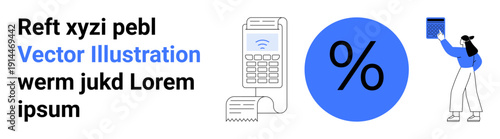 Digital payments, transactions, ecommerce, discount calculation, financial technology, retail process. Receipt printer, percentage symbol person holding document. Digital payments and transactions