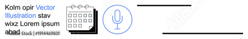 Event planning, podcast production, audio recording, schedule management, content creation, voice communication. Calendar and microphone icon. Event planning and podcast production concept