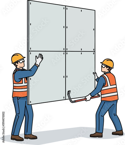 Two construction workers lifting a large panel with a pry bar and gloves on.