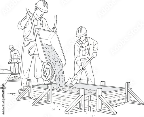 Construction workers pouring concrete into a foundation with a wheelbarrow on a building site.