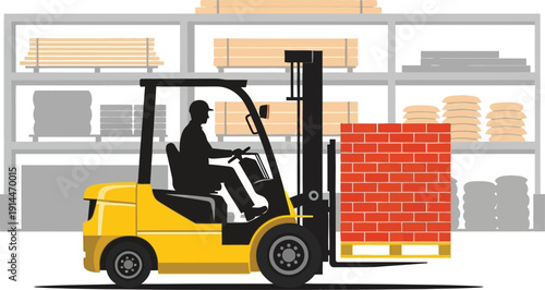 Warehouse worker operating yellow forklift with red brick pallet in storage facility with shelving units