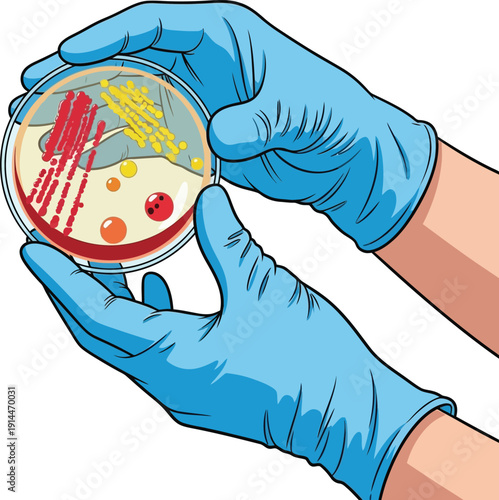 Gloved hands holding petri dish with bacterial cultures, laboratory setting, close-up view