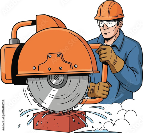 Construction worker operating a wet saw cutting through brick with water splashing