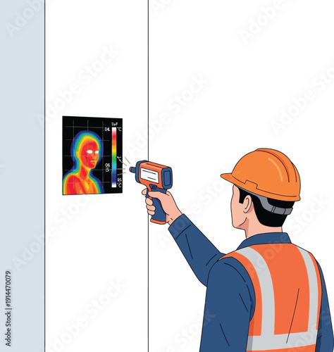 Man in orange hard hat uses thermal scanner on person behind wall