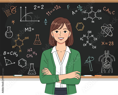 Female teacher confidently stands in front of a blackboard filled with complex scientific diagrams and equations.