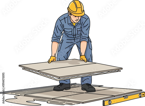 Worker in hard hat lifting large drywall sheet on construction site with level