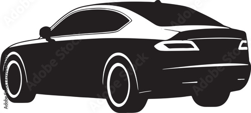 Black silhouette of a sleek modern coupe car viewed from the rear three-quarter angle