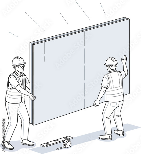 Two construction workers installing a large wall panel with tools on the floor.