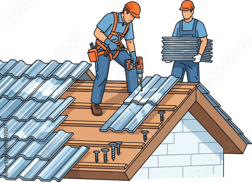 Two construction workers installing metal roofing on a house.