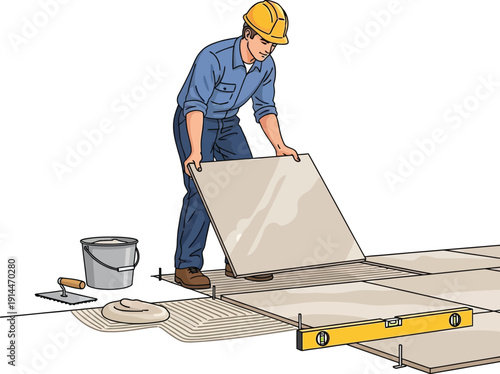 A construction worker in a hard hat places a large tile on the floor with a level nearby.