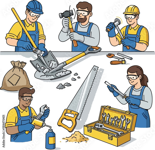 Workers in overalls using various tools like hammers and saws on a construction site indoors.