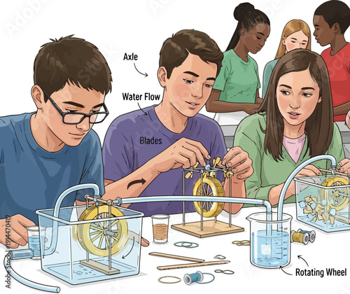 Students build and test homemade water wheels in a science class setting with enthusiasm and curiosity.