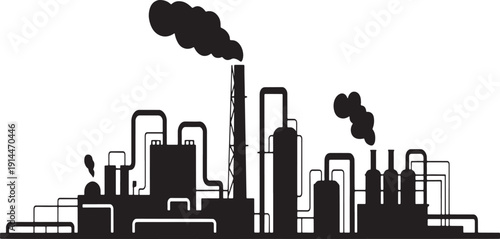 Black silhouette of industrial factory with smoke stacks and pipes on white background