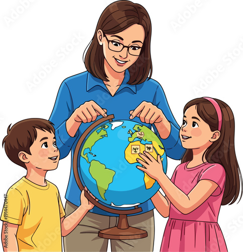 A smiling teacher and two students explore a colorful globe together in class.