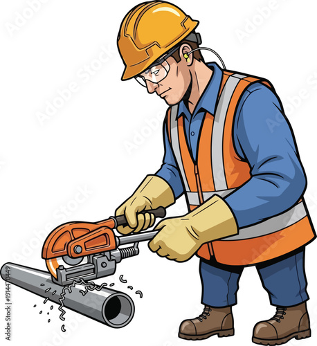 Worker in safety gear cuts metal pipe with a power saw.