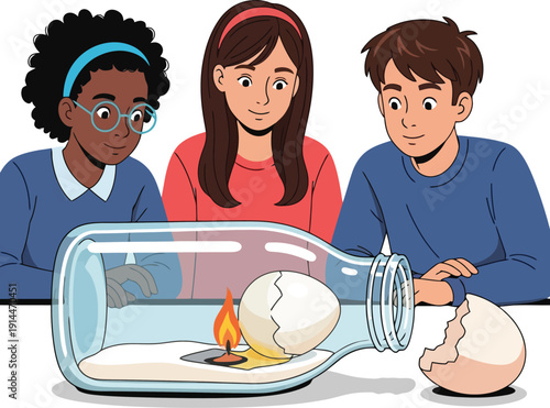 Three students observe an egg hatching in a bottle with fire.