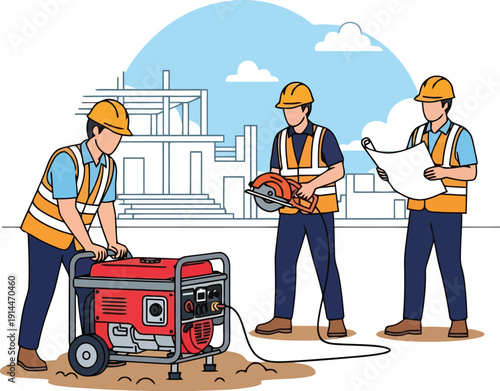 Construction workers operate generator and tools on site with blueprints