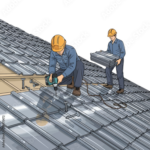Two construction workers installing metal roofing on a building