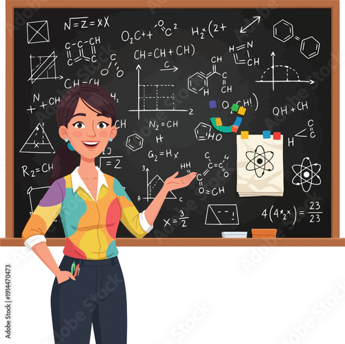 A smiling woman explains science on a classroom chalkboard with equations and diagrams.