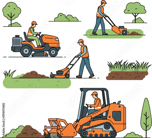Workers operate landscaping equipment in a yard with trees and grassy areas outdoors.