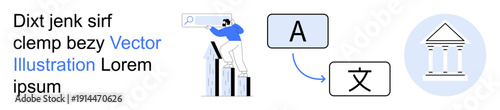 Data presentation, language translation, education, research, business analytics, communication. A person analyzes data on graphs, translation icons and text symbols. Language translation and data