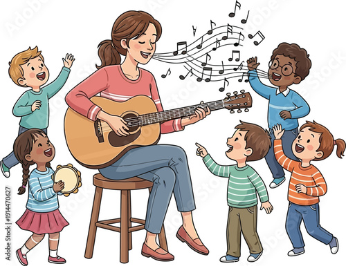 A woman plays guitar while children sing and dance around her with music notes.