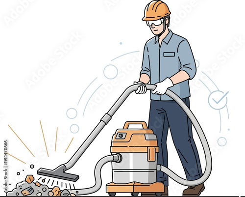 Man in hard hat uses industrial vacuum cleaner on debris and rubble outdoors.