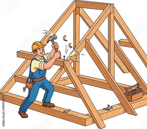 A construction worker hammers a nail into a wooden roof truss structure.