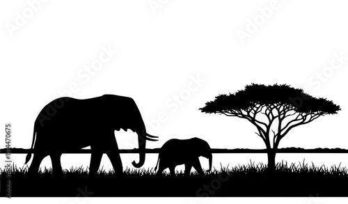 Elephant and Calf Savanna Silhouette with Acacia Tree Vector
