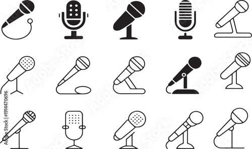 Collection of diverse microphone in black and white outline and solid fill styles