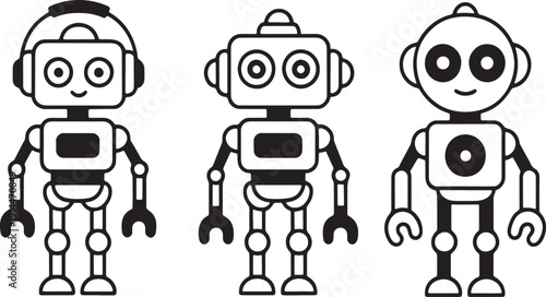 Three cartoon robots with simple geometric shapes and black outlines standing side by side