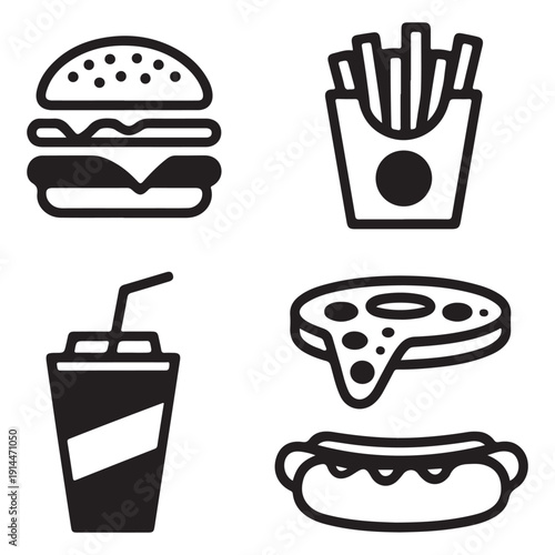 Fast food icon set burger fries pizza soda and hot dog flat vector illustration restaurant menu takeaway symbol collection isolated on white background