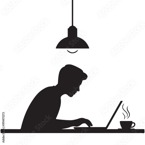 Man working on laptop silhouette illustration, remote work concept vector for freelancer lifestyle, office scene, productivity and digital workspace