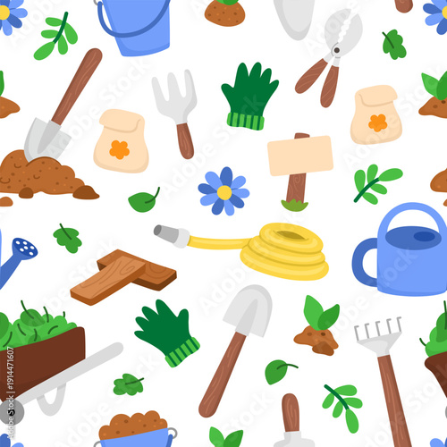 Vector garden seamless pattern. Cute farm repeat background with tools for gardening work, growing plants, seedlings, equipment. Nature digital paper. Spring or summer country texture