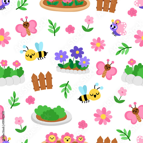 Vector spring garden seamless pattern. Cute farm repeat background with flower bed, insects, fence, plants. Nature digital paper. Spring or summer country texture with bees and butterflies