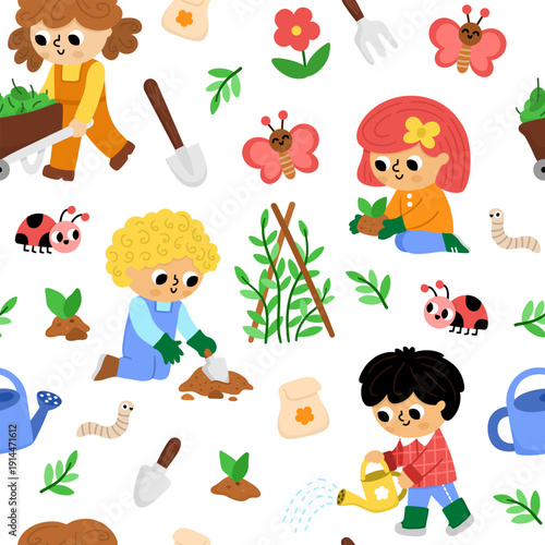 Vector garden seamless pattern. Cute farm repeat background with kids doing gardening work, growing plants, equipment, insects. Nature digital paper with children. Spring or summer country texture