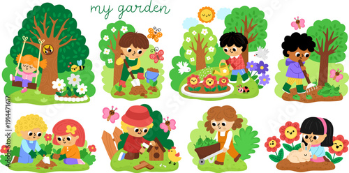 Spring garden illustration set with children doing gardening works. Vector country house, farm concepts collection. Kids planting tree, raking, digging, watering plants icons. Isolated child clipart 