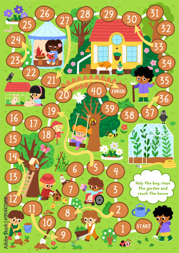 Garden board game for children with rural nature scene and boy with rakes cleaning yard and going to country house. Spring printable activity, boardgame, worksheet with greenhouse, trees, plants