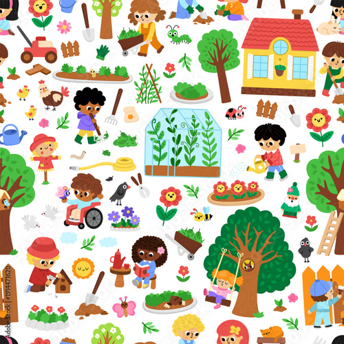 Vector garden seamless pattern. Cute farm repeat background with kids doing gardening work, growing plants, trees, equipment. Nature digital paper with children. Spring or summer country texture