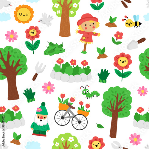 Vector spring garden seamless pattern. Cute farm repeat background with flower bed, gnome, scarecrow, plants, blooming trees. Nature digital paper. Spring or summer country texture