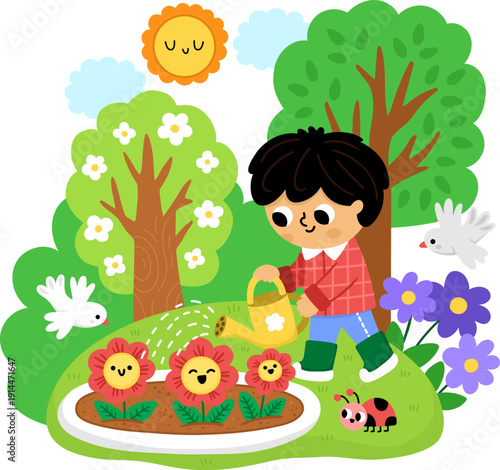 Spring garden illustration with boy watering the flowers on flowery meadow. Vector country house, farm concept. Cute kid doing gardening work icon. Child clipart isolated on white