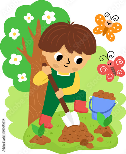 Spring garden illustration with boy digging the ground with spade. Vector country house, farm concept. Cute kid doing gardening work, planting tree icon. Child clipart isolated on white