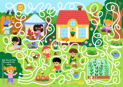 Garden maze for children with rural nature scene, boys and girls doing gardening works. Detailed labyrinth game. Spring country house printable activity, worksheet with girl going to swing