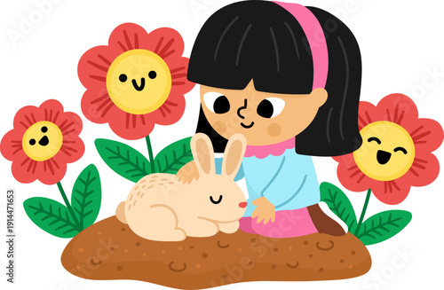 Spring garden illustration with girl caressing rabbit on the clearing with smiling flowers. Vector country house, farm concept. Cute kid icon. Child clipart isolated on white background