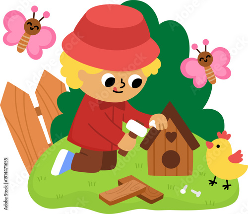Spring garden illustration with boy building a wooden birdhouse with hammer and nails. Vector country house, farm concept. Cute kid doing gardening work icon. Child clipart isolated on white