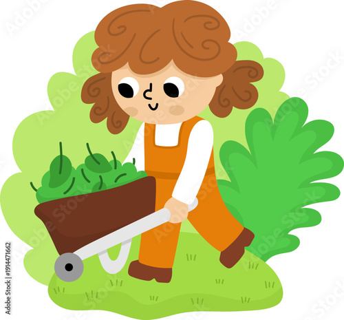 Spring garden illustration with girl pushing wheelbarrow with leaves and foliage. Vector country house, farm concept. Cute kid doing gardening work icon. Child clipart isolated on white background