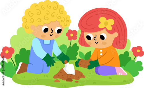 Spring garden illustration with boy and girl planting a seed on clearing with flowers. Vector country house, farm concept. Cute kid doing gardening work icon. Child clipart isolated on white